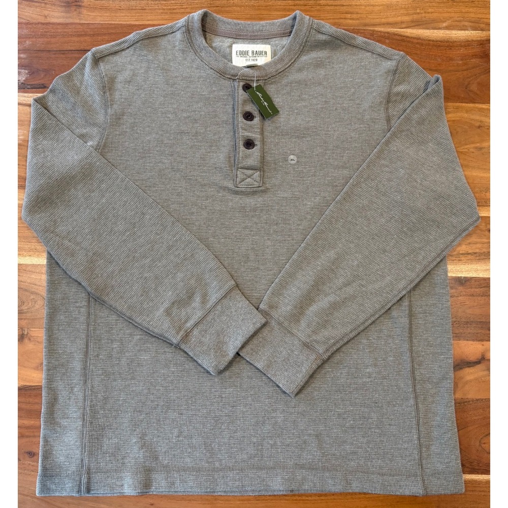 Eddie Bauer Mens XL Thermal Henley Shirt Long Sleeve Fatigue Green Waffle 6311